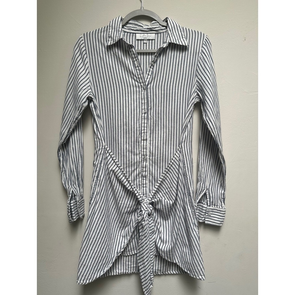 L'Academie Striped Tie Front Mini‎ Shirt Dress Cotton XS Coastal Coverup Brunch